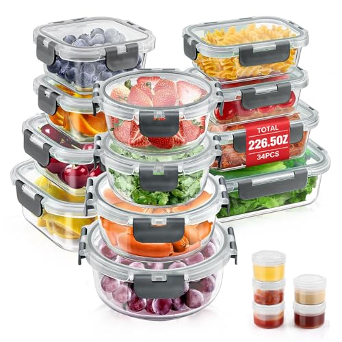 Glass Food Storage Containers Set - 34-Piece Airtight Meal Prep Lids - Gray