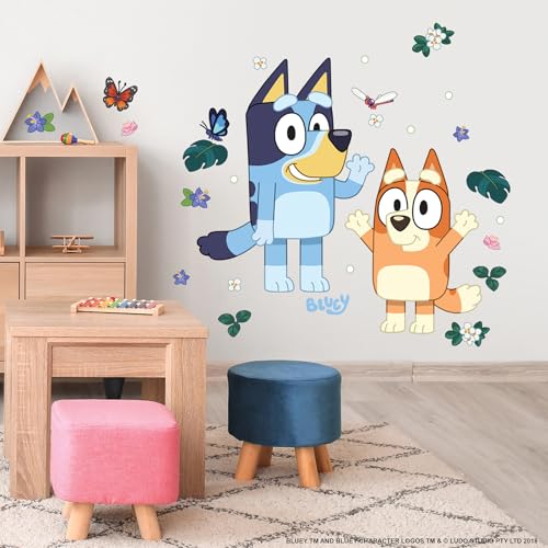 Bluey & Bingo Character Peel and Stick Wall Decals with Floral & Insect Design - Repositionable Kids Wall Decor