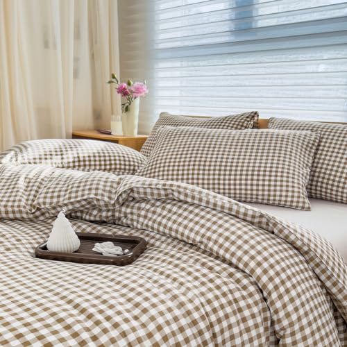 Tan Gingham Queen Comforter Set - 3 Pieces, Bedspread & Pillow Shams