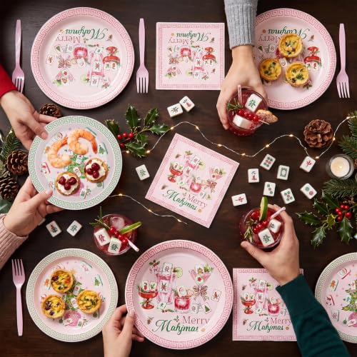 Musaeva Christmas Mahjong Party Tableware Set for 24 - Plates, Napkins, Forks