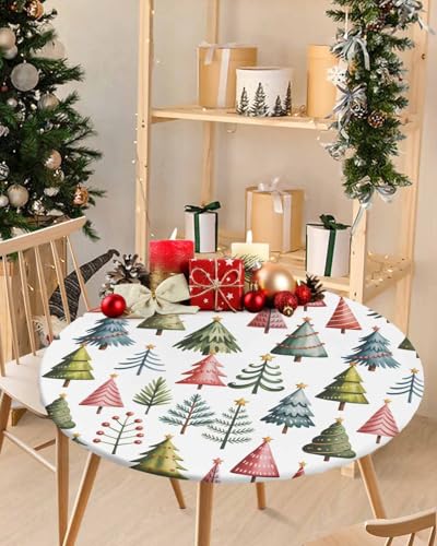 55-60in Round Fitted Christmas Tablecloth with Elastic Edge Waterproof White Tree Pattern