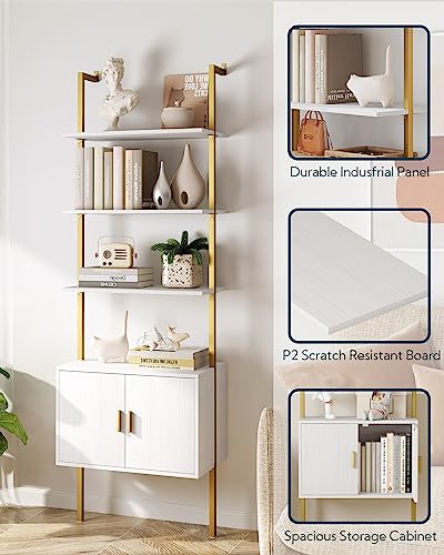 Wall Mount Ladder Bookshelf with Cabinet - 73" Tall White Gold Industrial Wall Shelf