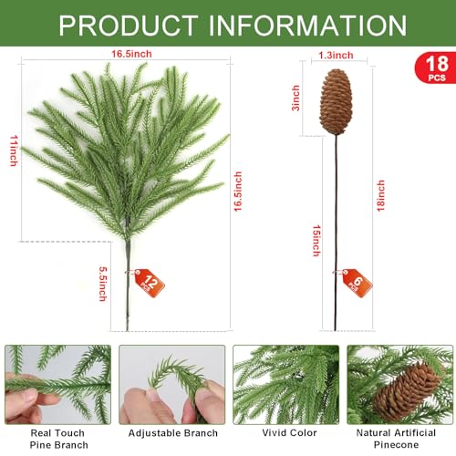 LELEE 18Pcs Christmas Norfolk Pine Branches with Pinecones - 12 Branches + 6 Pine Cones, 17.7 in, Wreath & Garland Craft Picks