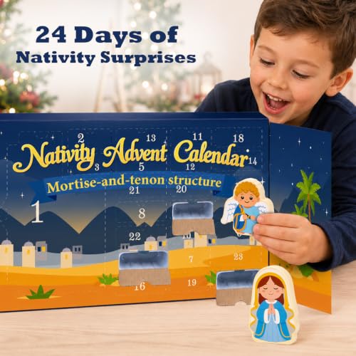 Wooden Nativity Advent Calendar 2026 for Kids Blue & Yellow Scene Set Gift