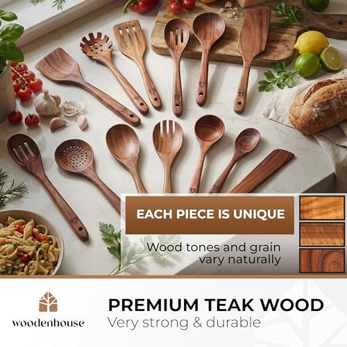 Woodenhouse 13-Piece Teak Wooden Kitchen Utensil Set for Nonstick Pans