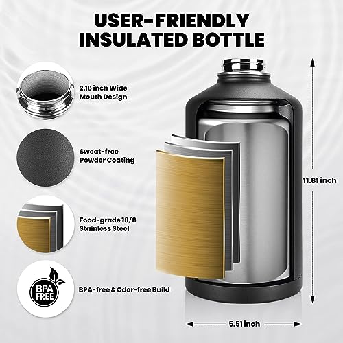 RAYMYLO 128 oz Insulated Water Bottle - Black, Triple Wall Stainless Steel, Leak-Proof, + Paracord Handle