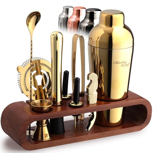 Mixology & Craft 10-Piece Cocktail Shaker Set with Bamboo Stand - Professional Barware