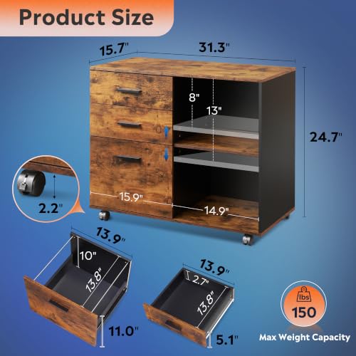 DEVAISE Rustic Brown 3-Drawer Mobile File Cabinet with Locking Casters