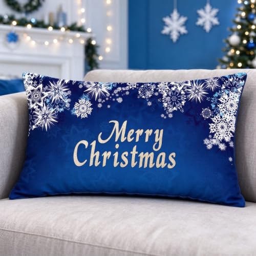 ITFRO Royal Blue 12x20in Linen Cotton Decorative Throw Pillow Cover – Christmas Snowflakes