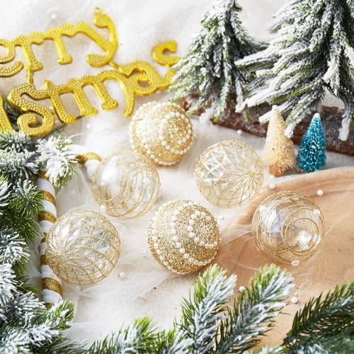 ChrisWish Gold 70mm 12ct Shatterproof Christmas Ball Ornaments - Clear Plastic Glitter Decor