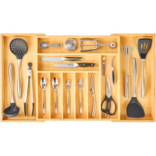 Umilife Expandable Extra Large Kitchen Silverware Drawer Organizer - Adjustable Bamboo, Fits 19-33 Inches