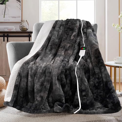 MAXEVE Grey 50x60-Inch Electric Heated Faux Rabbit Fur Throw Blanket with 8 Heat Levels