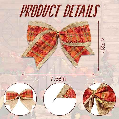 10 PCS Fall Bows for Wreath, Thanksgiving Wreath Bows Orange Red Buffalo Plaid Bow Natural Burlap Craft Bow Holiday Farmhouse Tree Bows for Basket Autumn Thanksgiving Decorations Supplies