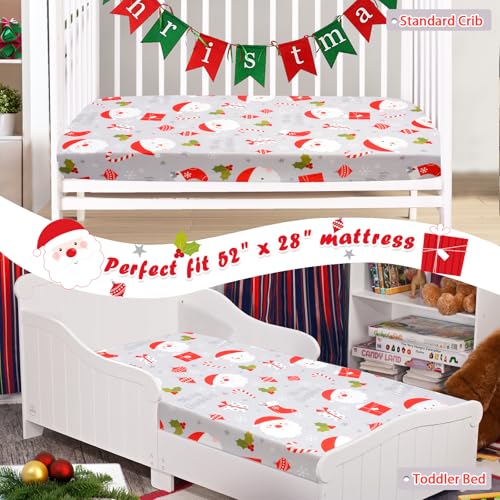 JISEN Christmas Fitted Crib Sheet with Santa Claus Design - Grey Variation 52x28 Inch Baby Bedding