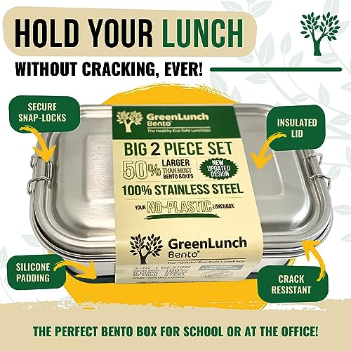 GreenLunch Stainless Steel Bento Box for Adults & Teens - Green, 2-Piece, 6 Cups Capacity