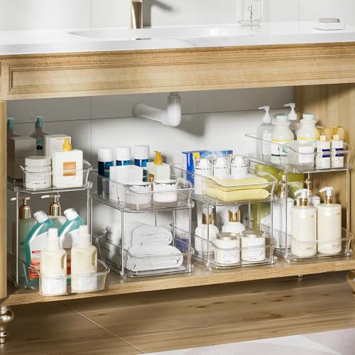 Delamu 4 Pack Clear 2-Tier Under Sink Organizer with Pull-Out Drawers, Stackable Bathroom & Kitchen Cabinet Storage