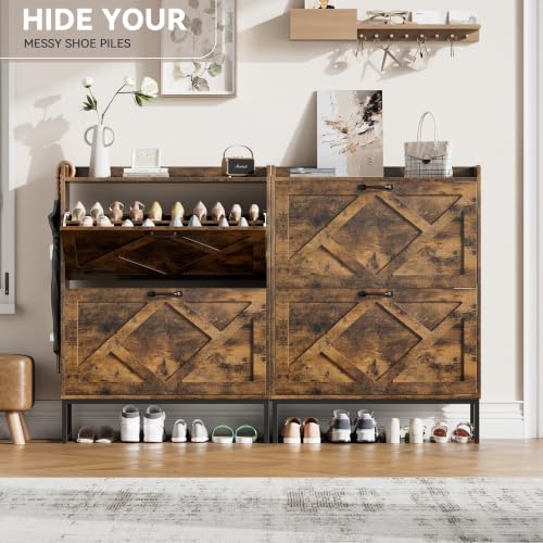 Nicetree Rustic Brown Shoe Storage Cabinet with 2 Flip Drawers, Slim Entryway Organizer