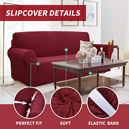 YEMYHOM 31-46" Jacquard Couch Cover - Wine Red, Elastic Slipcover for Sofa/Armchair, Anti-Slip Protector