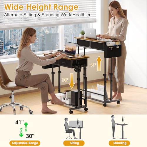 Rustic Brown Small Rolling Standing Desk with 2 Fabric Drawers & Storage Shelf - Height Adjustable Mobile Workspace for Home Office & Small Spaces