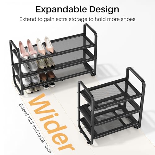 Black Expandable Metal Shoe Rack 3-Tier, Adjustable & Space-Saving Organizer