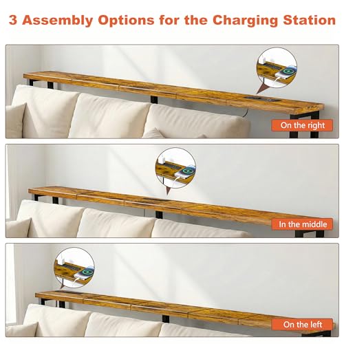 70-Inch Narrow Sofa Table with Outlets - Rustic Brown, 70.8 W x 5.9 D x 29.7 H