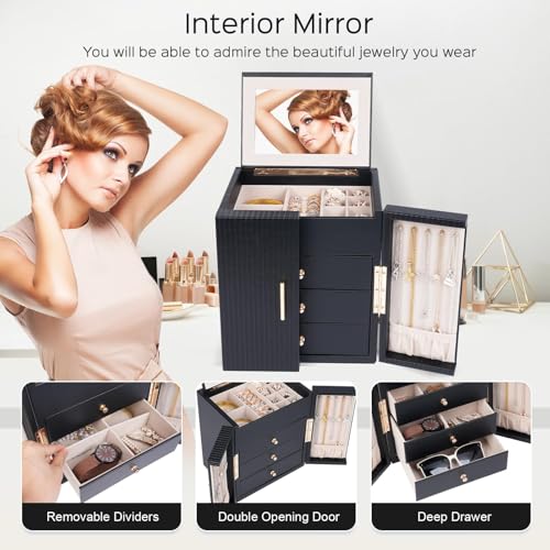 Large Jewelry Box for Women with Mirror and 3 Drawers - Black