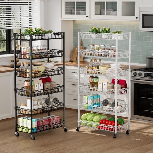 Black 6-Tier Metal Wire Shelf with Wheels - Narrow Closet & Pantry Storage Unit