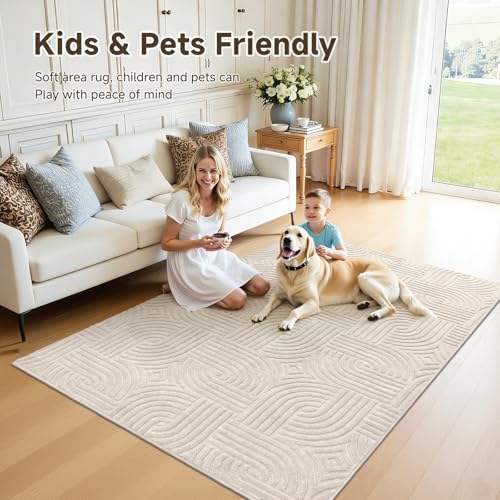 Beige 5x7 Area Rug for Living Room & Bedroom - Non-Slip Plush Carpet