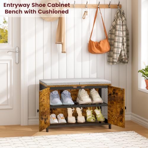Small Entryway Shoe Storage Bench with Cushioned Seat and Doors