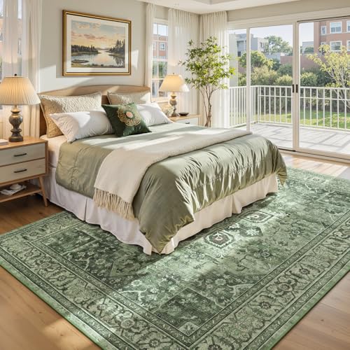 Sage Green 8x10 Area Rug for Living Room - Vintage Boho Carpet, Non-Slip