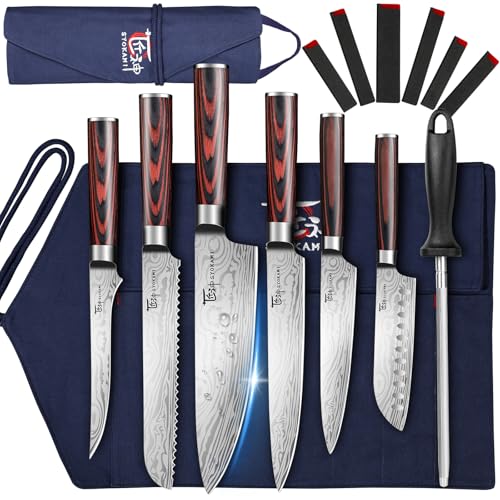 Blue Chef Knife Set with Roll Bag - 14-Piece Japanese Stainless Steel Kitchen Knives, Pakkawood Handles for Travel & Gift