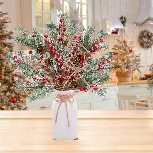 Sggvecsy 15 Pack Snow Frosted Christmas Berries Pine Picks Artificial Red Berry Pine Branches Frosted Faux Pine Stem with Pine Cones Fake Pine Needles for Xmas Tree Wreath DIY Craft Holiday Decor