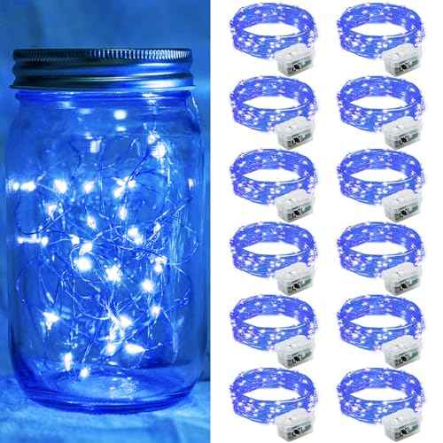 12 Pack Blue Fairy Lights 7Ft 20 LED Twinkle String Lights 3 Modes Battery Operated Waterproof Firefly Starry for Mason Jar Party Wedding Christmas Valentines Day Table Centerpieces