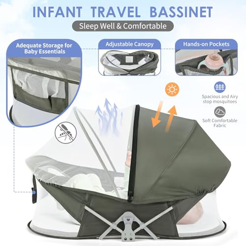 Light Green Portable Baby Bassinet with Mosquito Net & Sunshade - Travel Crib for Home & Outdoors