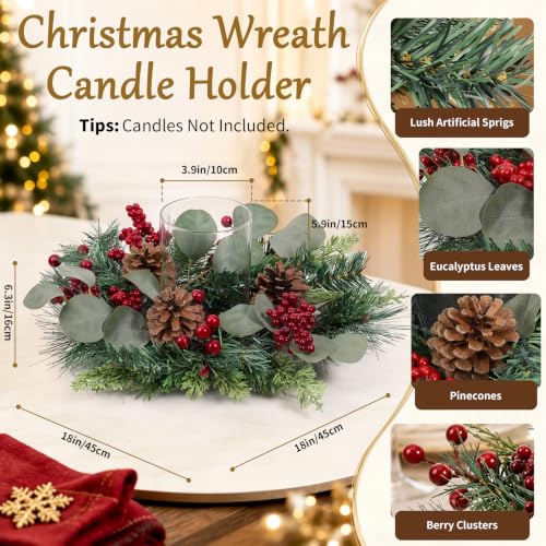 Lewondr 18-Inch Christmas Wreath Candle Holder with Glass Cup and Red Berries, Green & Red
