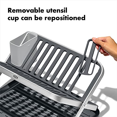 OXO Good Grips Aluminum Fold Flat Dish Drying Rack - 2-Tier, Removable Utensil Cup, Compact Storage