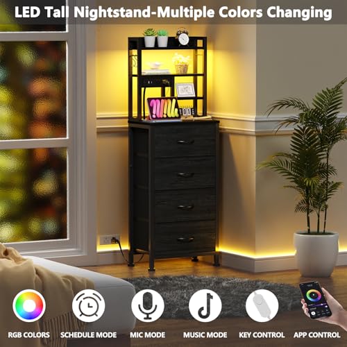 Furnulem Tall Nightstand with LED Lights, Charging Station & 4 Drawers - Black Oak, Variation 1