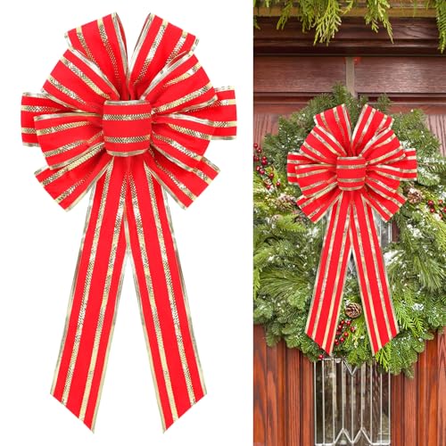 RoseCraft Red/Gold Christmas Bow, 9¡±x13¡± Large Velvet Christmas Tree Topper Bow Ornaments for Home Xmas Tree Wreath Fence Stairs Railing Fireplace Indoor Outdoor Front Door Party Decoration.