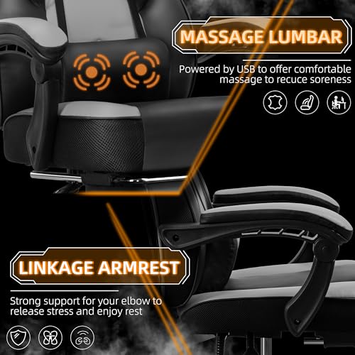 Shintenchi Gaming Chair with Footrest & Massage Lumbar Support - Grey