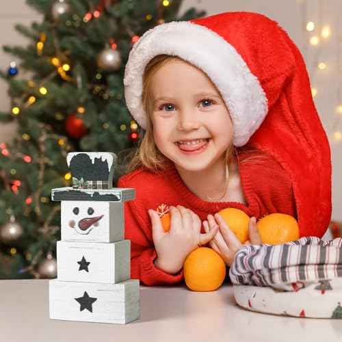 Smile 3 Pcs Winter Christmas Indoor Decoration, Wooden Sign Tabletop Retro Decor, Snowman Blocks, Ornaments for Home Shelf Mantel Fireplace.