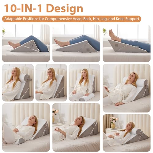 BIEEZZK Adjustable Wedge Pillow Set for Post-Surgery & Acid Reflux Relief, Memory Foam Support, White/Grey