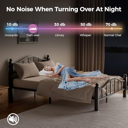 Full Size Black Metal Bed Frame with Headboard — Noise-Reducing, Space-Saving Design