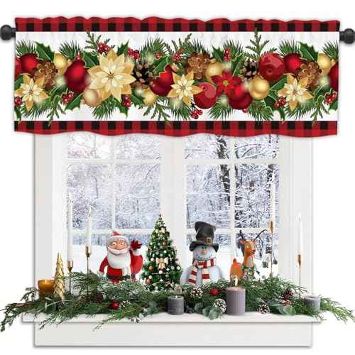 Christmas Valances for Windows, Rod Pocket Floral Patterns Winter Christmas Valance Curtains, Xmas Valance Curtains for Living Room, Bedroom, 54x18 Inch