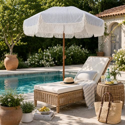 7ft Patio Umbrella with Fringe Navy Blue Stripes UPF50+ Tilt & Steel Pole