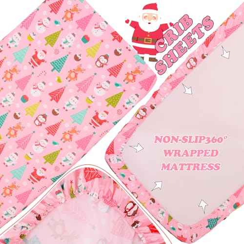 Cloele Christmas Crib Sheet Santa Fitted Sheet for Girls - Pink Animal Baby Nursery Sheet Cozy Bed Sheet for Standard Crib and Toddler Mattresses - Snowman Crib Mattress Infant Toddler Sheet