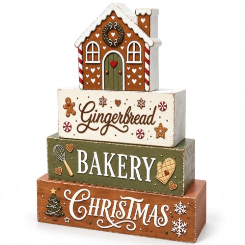 Gingerbread Tiered Tray Decor – Wooden Blocking Set for Festive Farmhouse Display