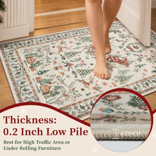 2x3 Beige Christmas Rug for Entryway, Washable Holiday Floor Mat