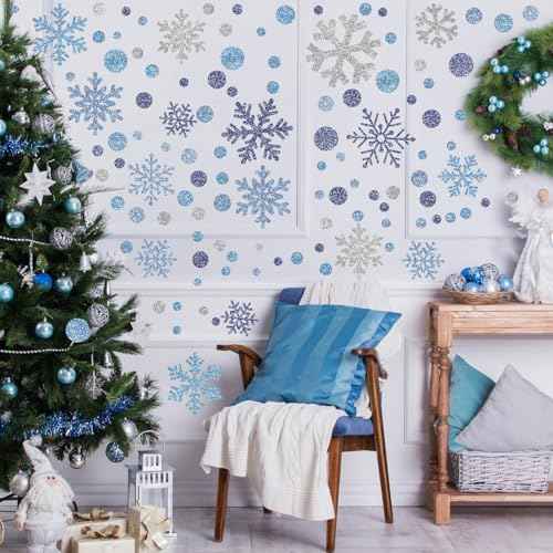 Zhanmai 200 Pcs/ 10 Sheets Christmas Snowflakes Wall Decals Window Clings Blue Silver Snowflake Stickers Peel and Stick Wall Ornament for Winter Removable Christmas Holiday Crafts Supplies