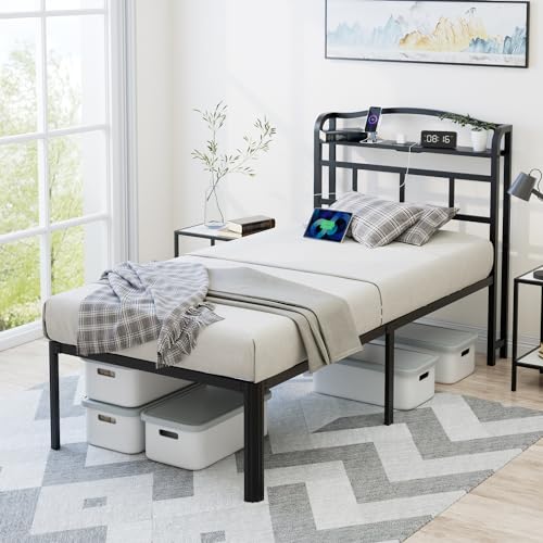 Twin Bed Frame with Storage Headboard and Charging Station - 18 Inch Black, Easy Assembly