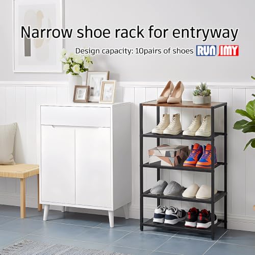 5-Tier Narrow Shoe Rack with Wood Top - 17 x 10.24 x 31.71 Inches, Black Metal Storage Organizer